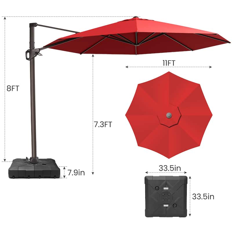 Outdoor 11 Ft Patio Cantilever 360 Degree Rotation Offset Umbrella with Base