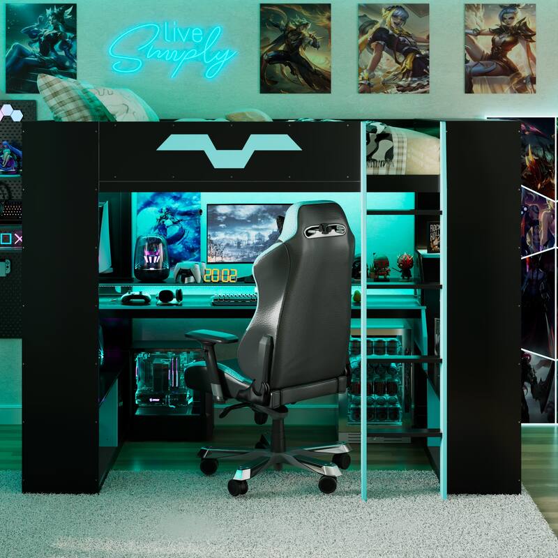 Roomfitters Full Gaming Loft Bed with Power Hub, RGB Lights and Cable Management - Blue