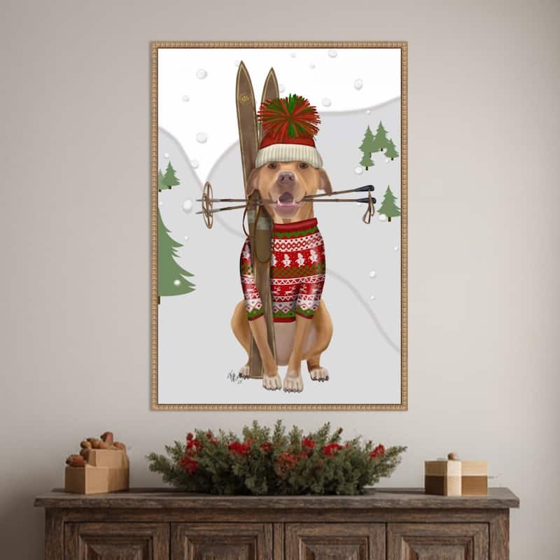 Pitbull Skiing by Fab Funky (23 x 33 in.), Framed Canvas Wall Art Print - Sylvie Beaded Rustic Natural