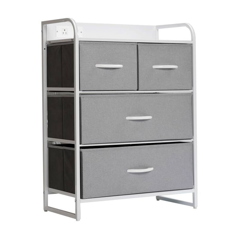 4 Fabric Drawer Nightstand with 2 USB Port/1 Outlet Charging Station - Gray Drawers/White Frame