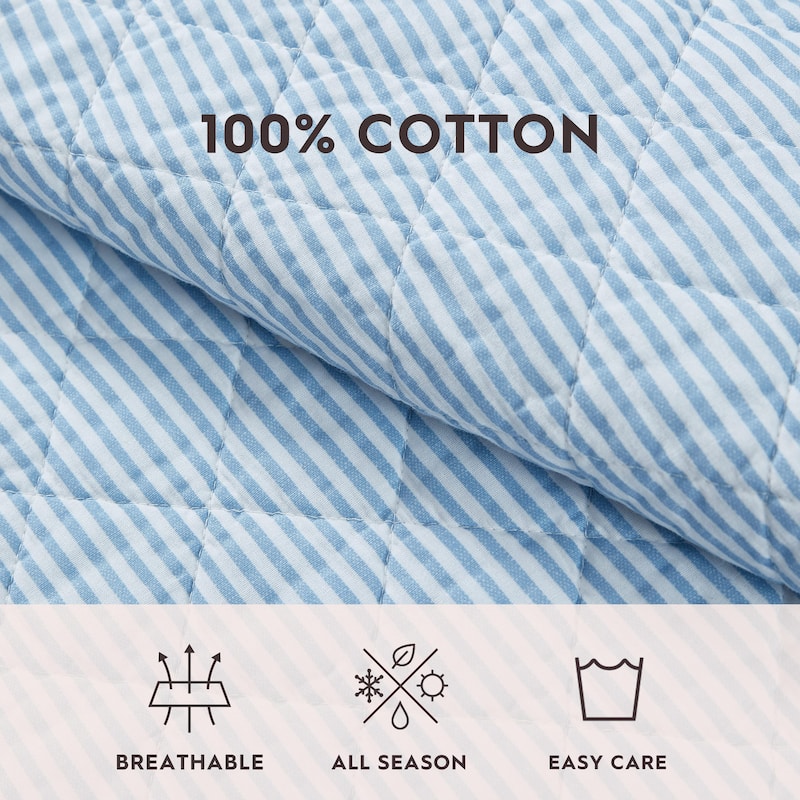 Laura Ashley Oxford Stripe Cotton Reversible Blue Quilt Set