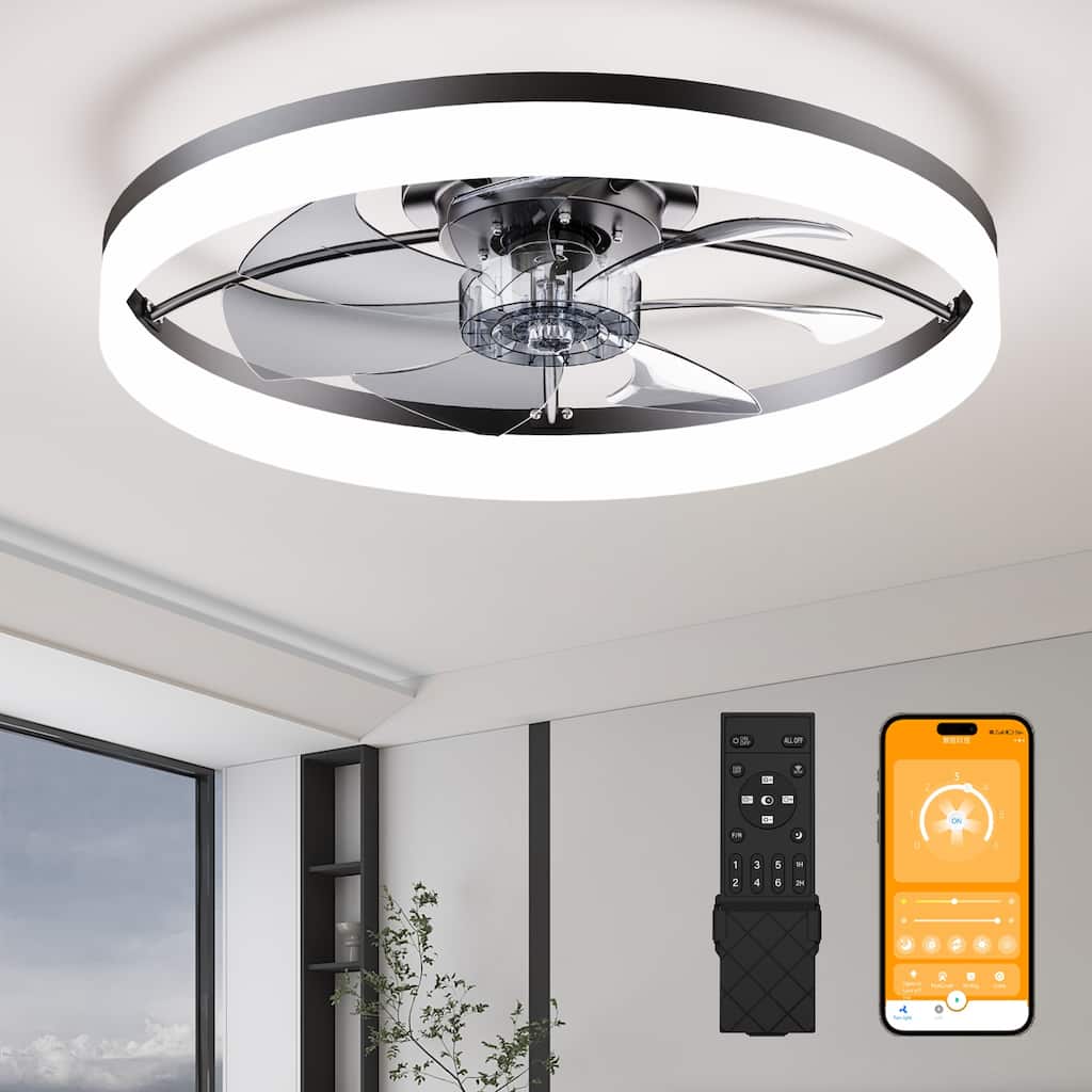 Ultra-Thin Ceiling Fan Light with Remote & App Control - 23.6"Modern Flush Mount Fan Lamp, 6 Fan Speeds, Dimmable Brightness