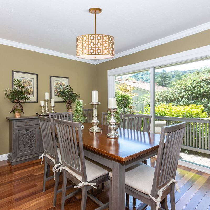 Lewis Matte Gold 3-Light Metal/Fabric Geometric Pattern Drum Shade Chandelier