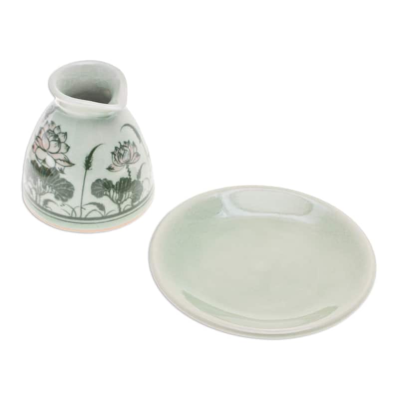 Novica Handmade Luxuriant Lotus Celadon Ceramic Milk Pitcher And Saucer