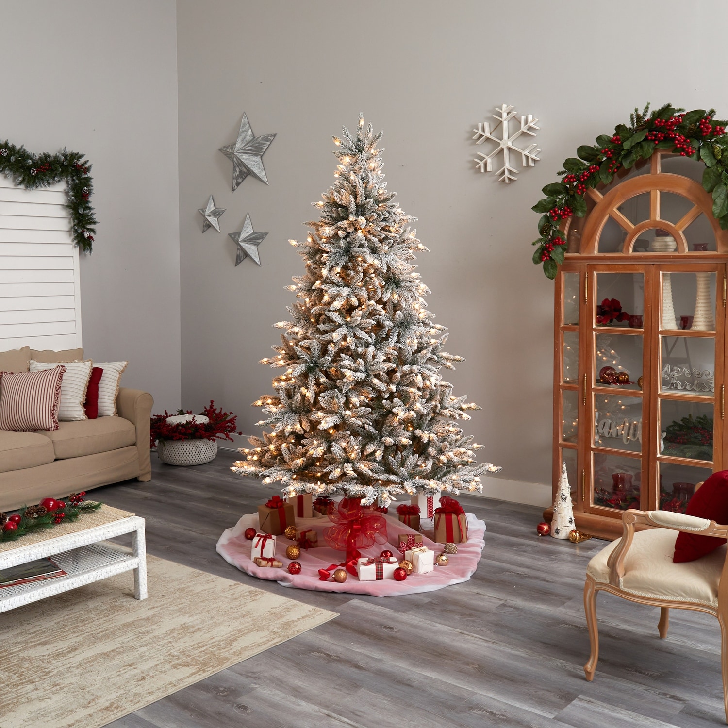 8ft. Flocked Spruce Artificial Christmas Tree with 600 Clear