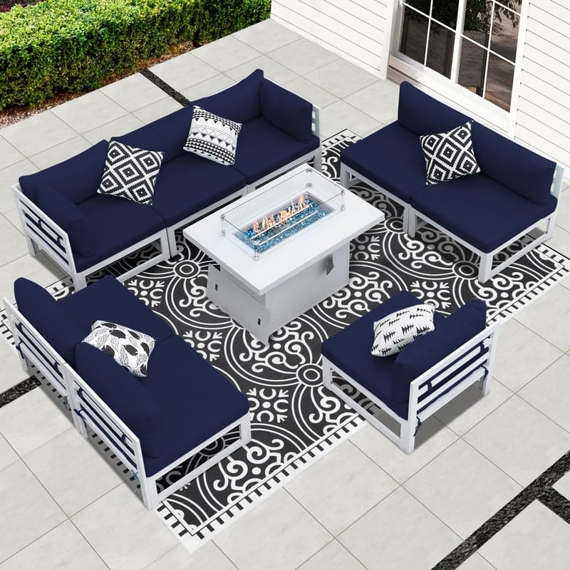 FINCATI Outdoor Furniture Aluminum Patio Set White Aluminum Outdoor Sofa with Thick Cushions and 29 Inch Deep Seat - 9 Pcs-A - Navy Blue