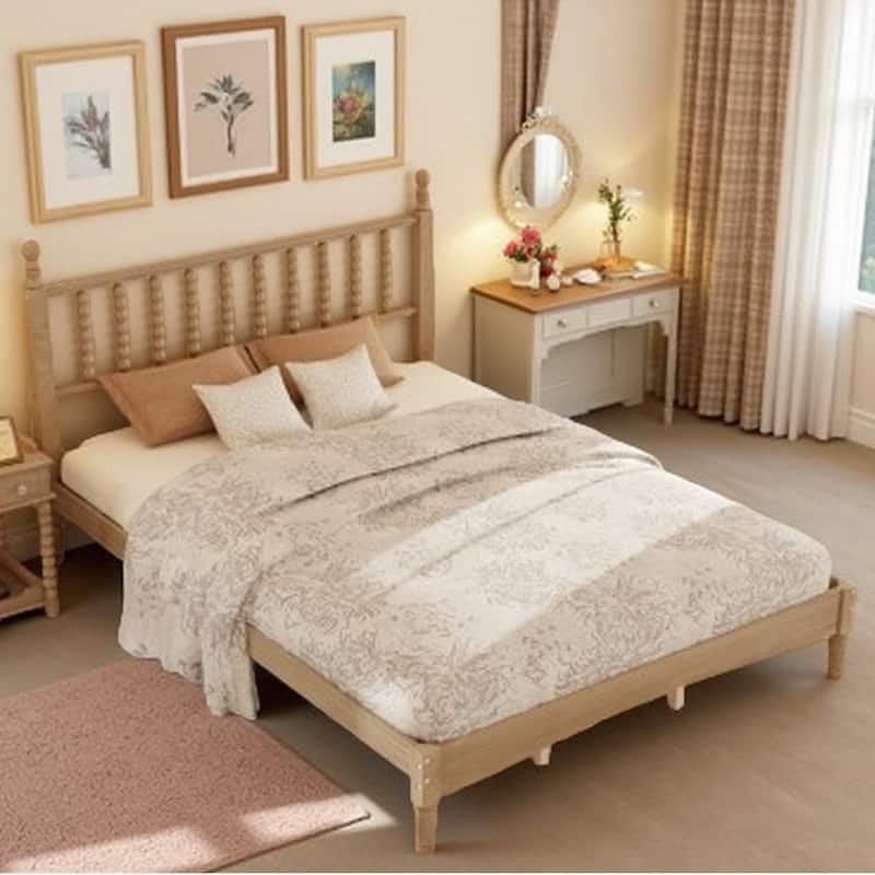 Natural Wood Queen Platform Bed with Curved Gourd Headboard, Vintage-Inspired Frame with Sturdy Slat Support - Natural