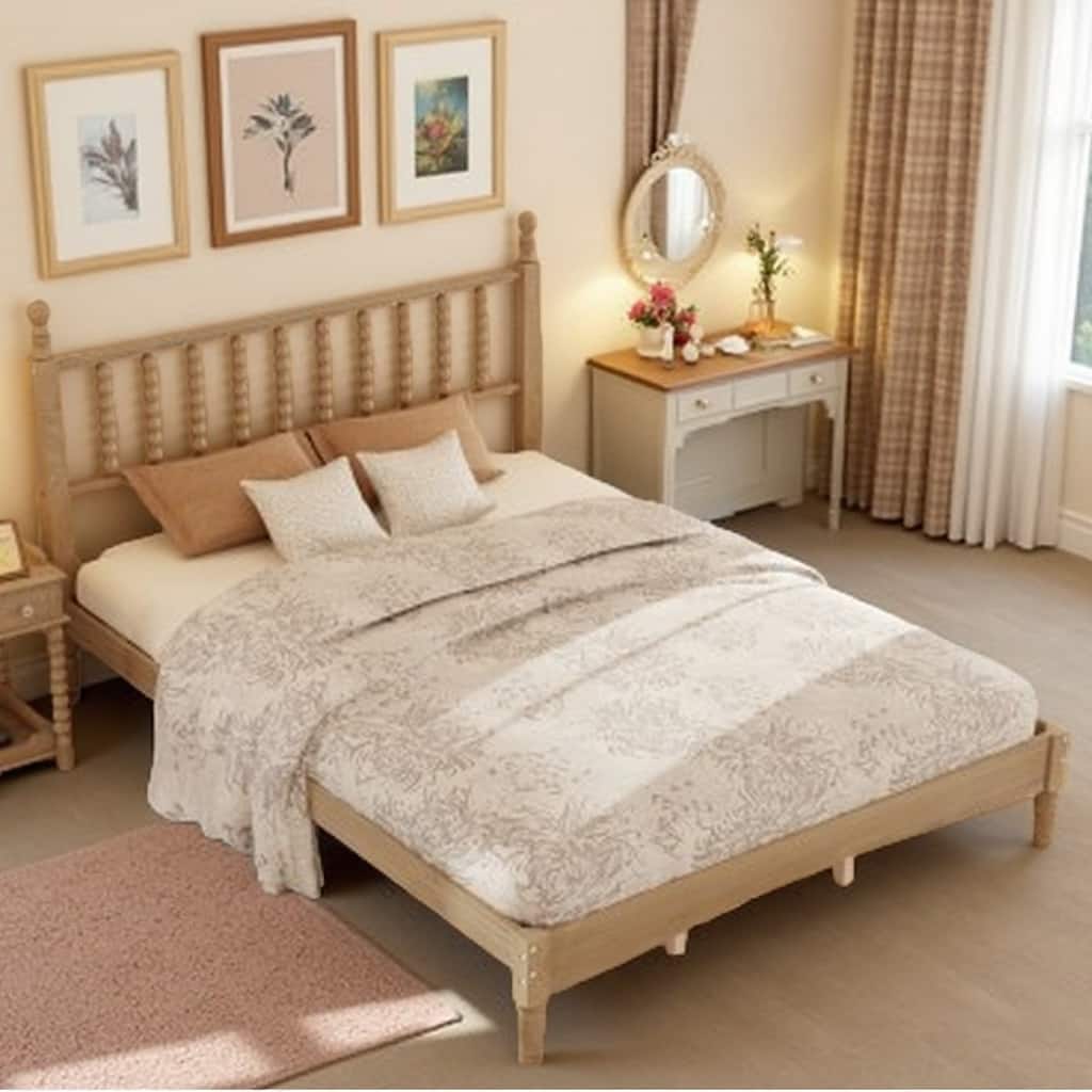 Natural Wood Queen Platform Bed with Curved Gourd Headboard, Vintage-Inspired Frame with Sturdy Slat Support