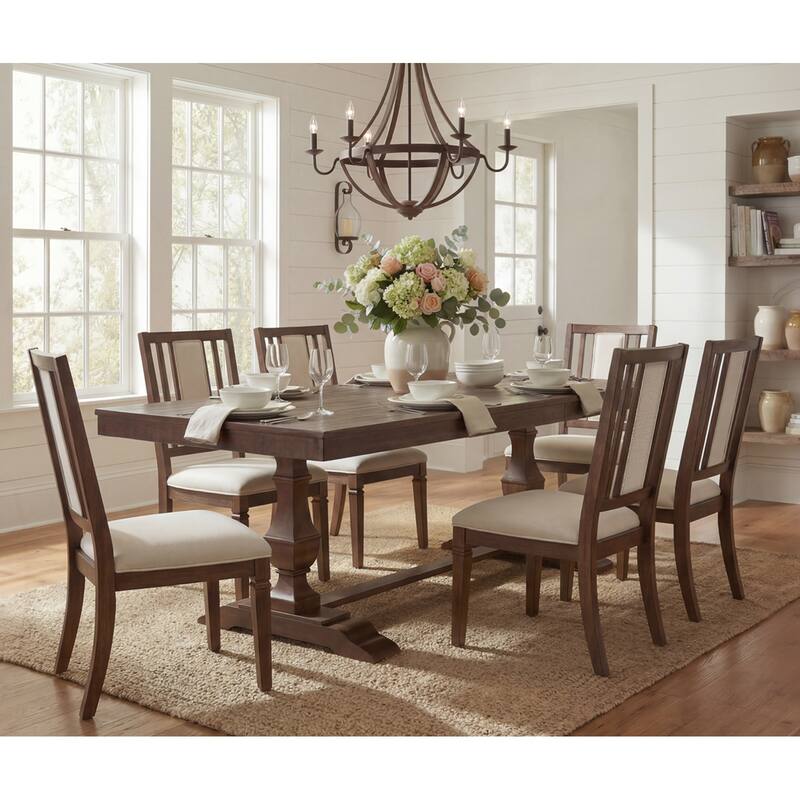 Farmhouse Dining Chair and Bench Set, Solid Wood Upholstered Armless Chair and Dining Bench with Turned Legs - 6 Piece - Brown