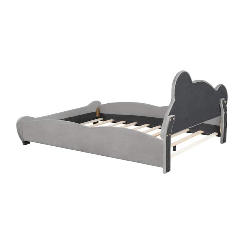 Full Size Velvet Platform Bed with Bear-Shaped Headboard, with Bed-End Storage Pocket, Beige