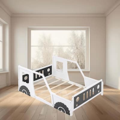 Full Size Classic Car-Shaped Wooden Platform Bed Frame with Wheels, Windows, Fun and Playful Design for Kids, for Bedroom