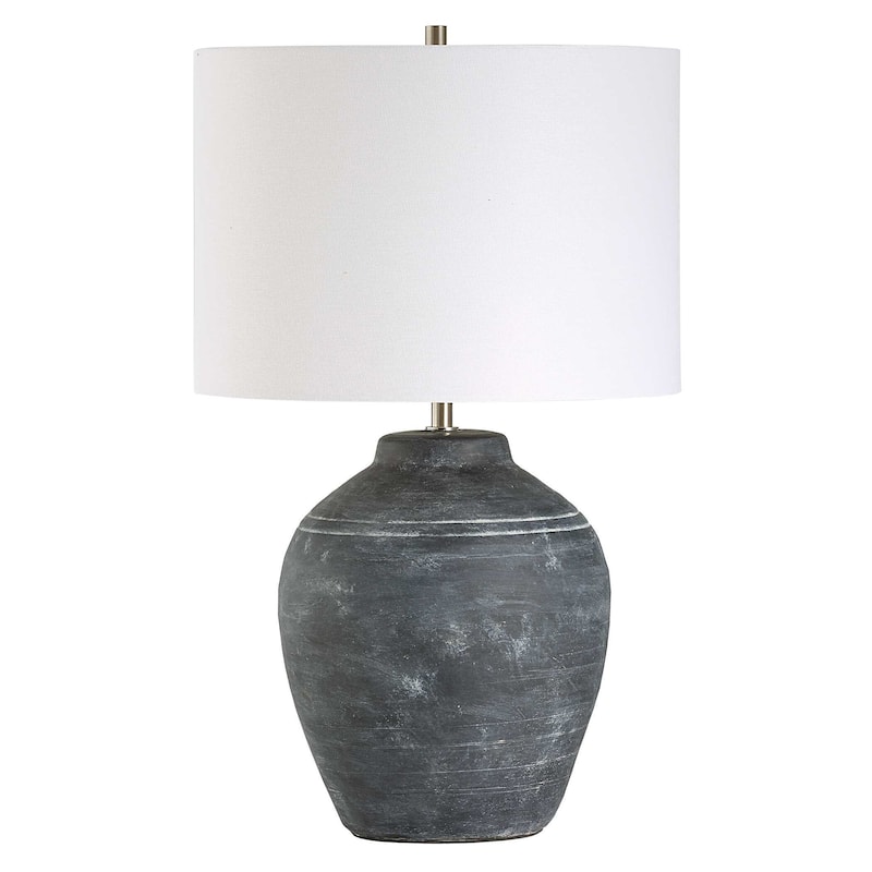 Table Lamp, Off White Linen Shade, Weathered Black Urn Body, 24 Inch