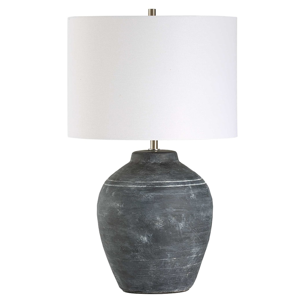 Table Lamp, Off White Linen Shade, Weathered Black Urn Body, 24 Inch