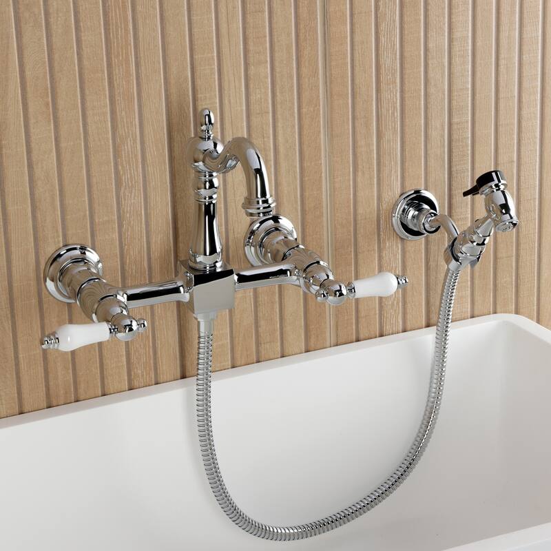 Kingston Brass Essex Double-Handle Wall-Mount Pre-Rinse Bridge Kitchen Faucet