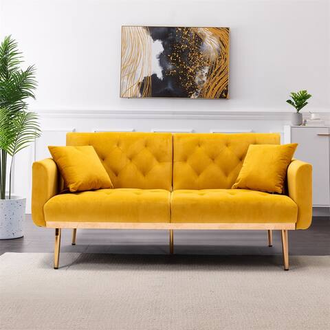 Velvet Futon Sofa Bed with 5 Golden Metal Legs, Sleeper Sofa Couch with Two Pillows, Convertible Loveseat for Living Room