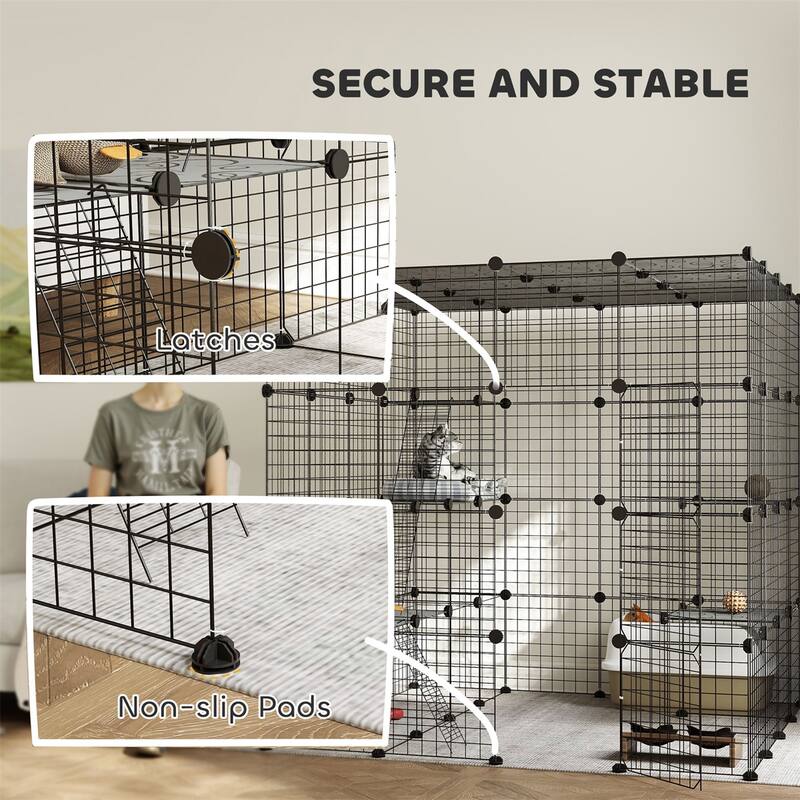 Black Steel PP Expandable Cat Cage with Jump Platforms and Doors