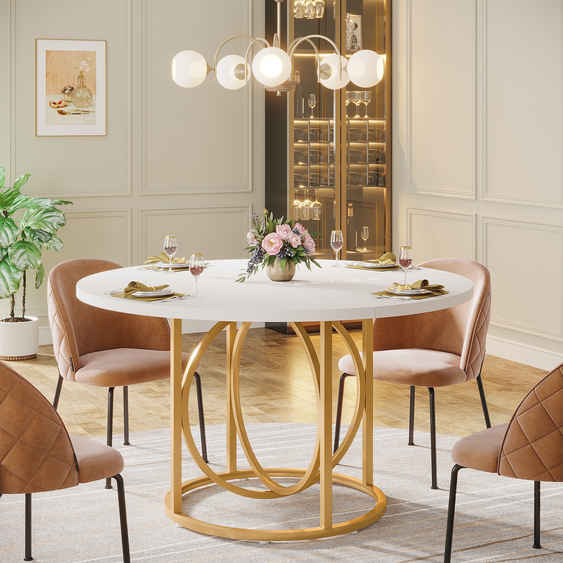 Round Dining Table for 4 White and Gold Kitchen Table Dinner Table