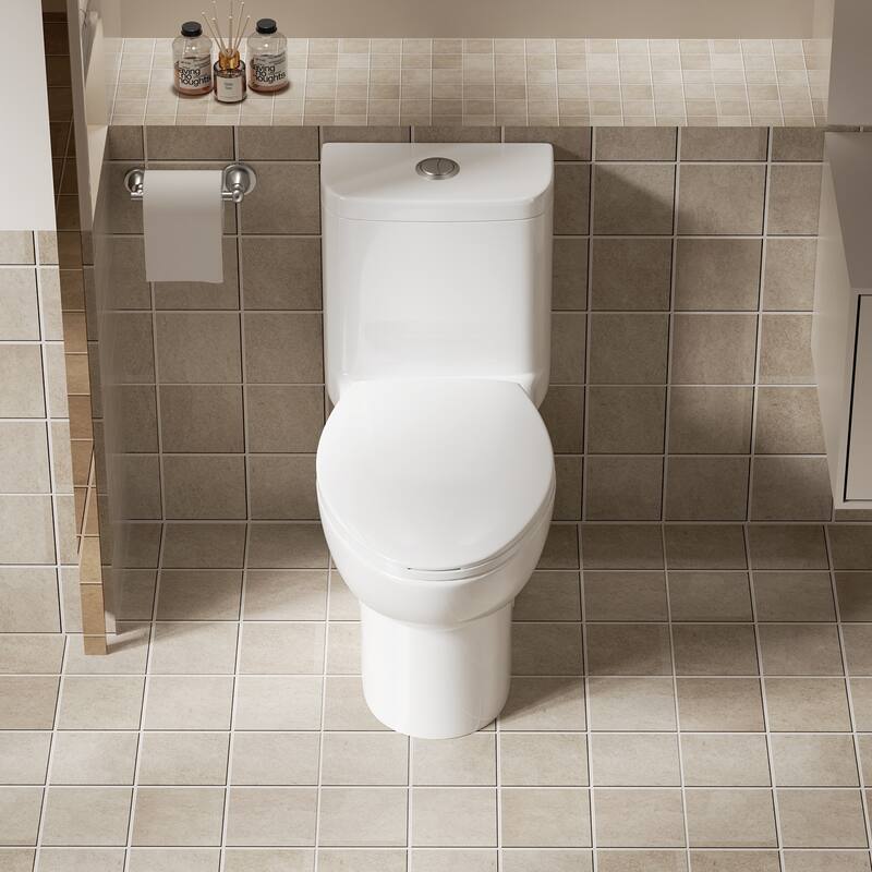 Anmytek Gloss White One Piece Toilet with Tornado Dual Flush and Soft Closing Seat ADA Height Siphonic S Trap 12 Inch Rough In