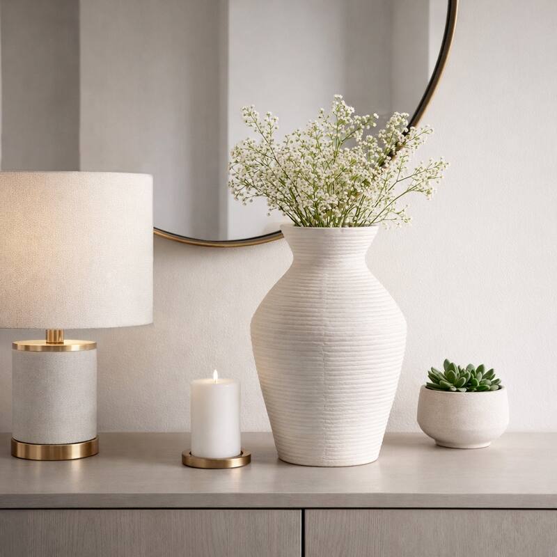 Sculptural Ribbed Paper Mache Table Vase - Stylish Tall Flower Vase