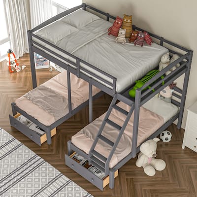 Full over Twin & Twin Bunk Bed, Triple Bunk Bed with Drawers and Staircase, Wooden Bunk Bed Frame, No Box Spring Needed