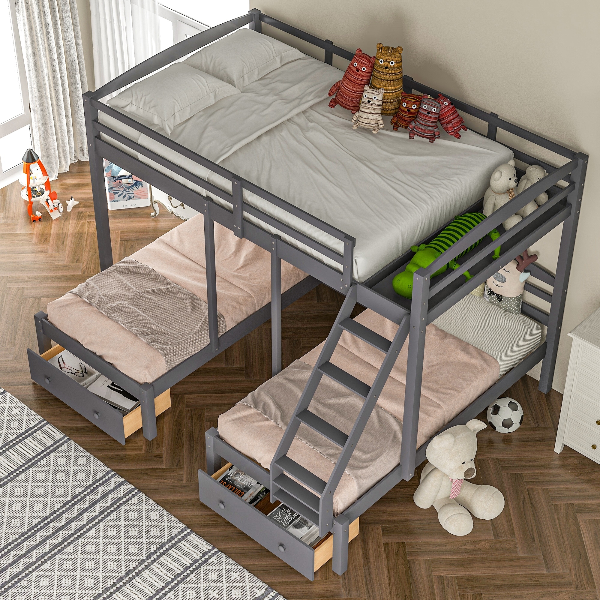 Wood Full over Twin & Twin Triple Bunk Bed with Drawers