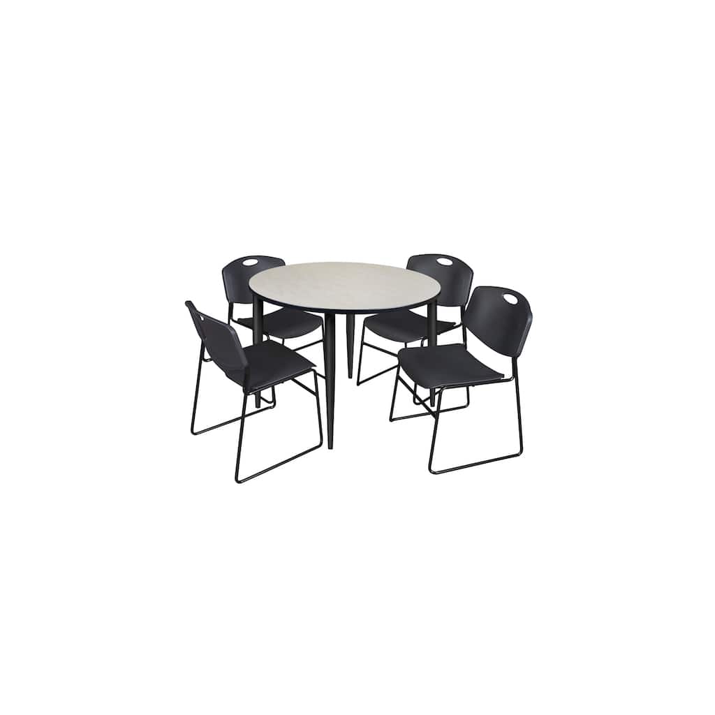 48 in. Round Breakroom Table- Maple Top, Black Base & 4 Stack Chairs- Black