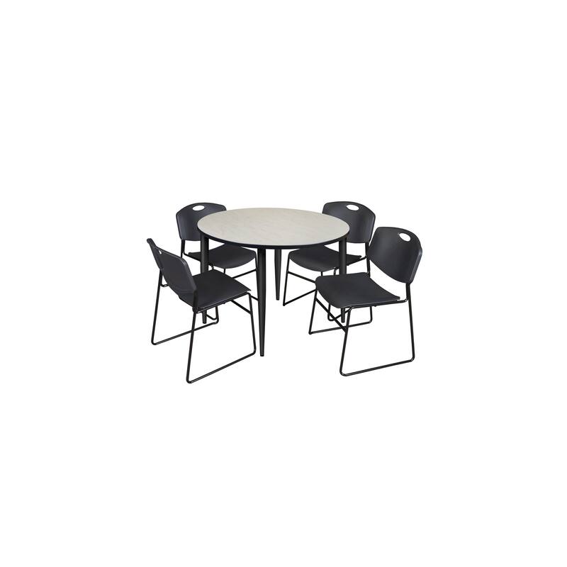 48 in. Round Breakroom Table- Maple Top, Black Base & 4 Stack Chairs- Black