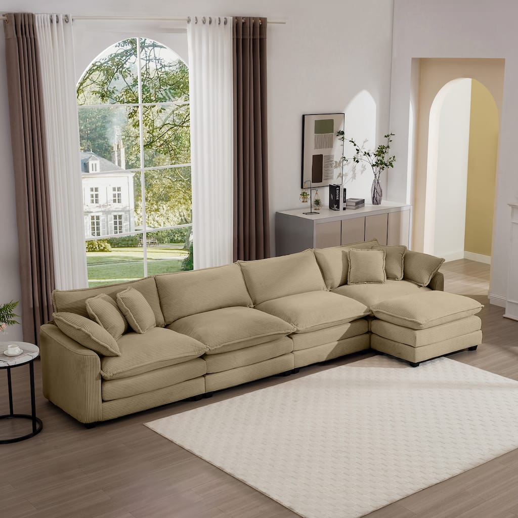 Tan 150" Corduroy Cloud Upholstered Modular L-Shaped Sectional Sofa with Removable Ottoman and Free Combination Design