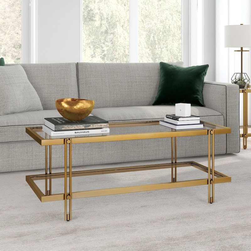 45-inch Glass and Steel Coffee Table with Shelf for Living Room Storage - 45" x 20" x 17"