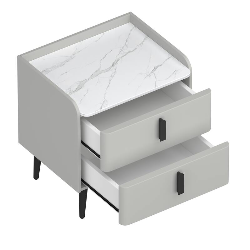 Nightstands Set of 2: 2-Drawer Marble-Pattern Top Modern Bedside/End Table - Gray