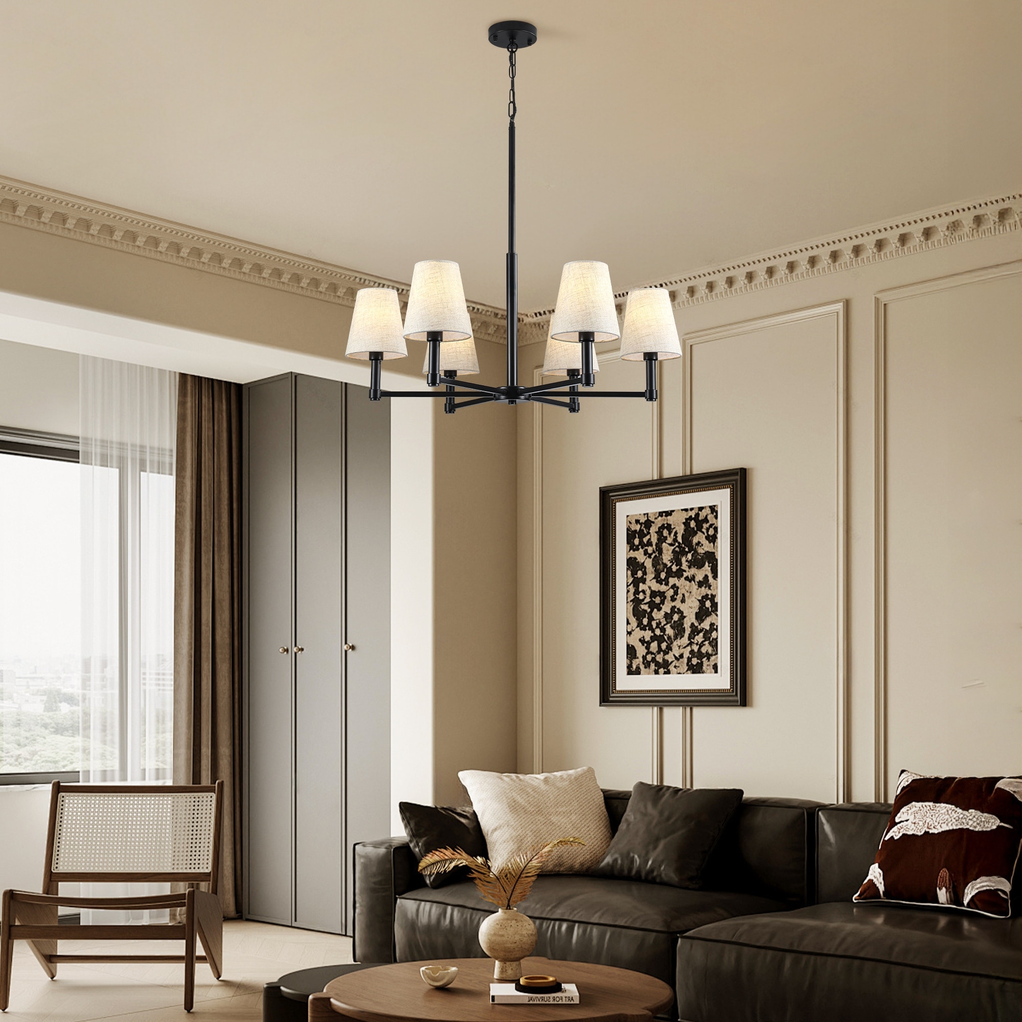 30" 6 Light Antique Modern Chandelier Light Fixture with White Fabric Shade for Bedroom Kitchen Island