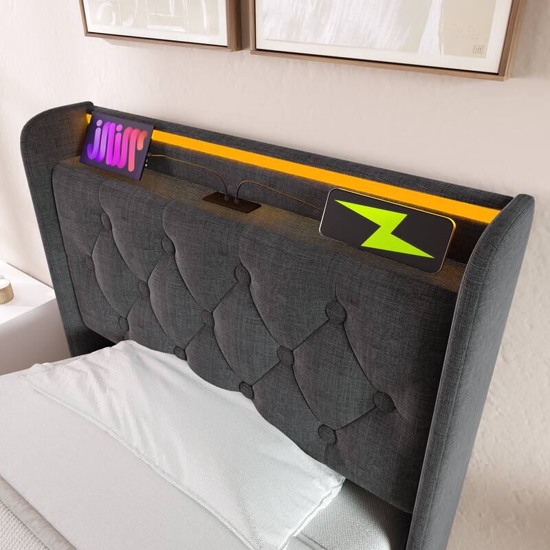 Twin Size Upholstered Bed w/ 360 Surround LED Function, Buttons/Apps/Remote Control, Hydraulic Storage Bed w/ USB Charging