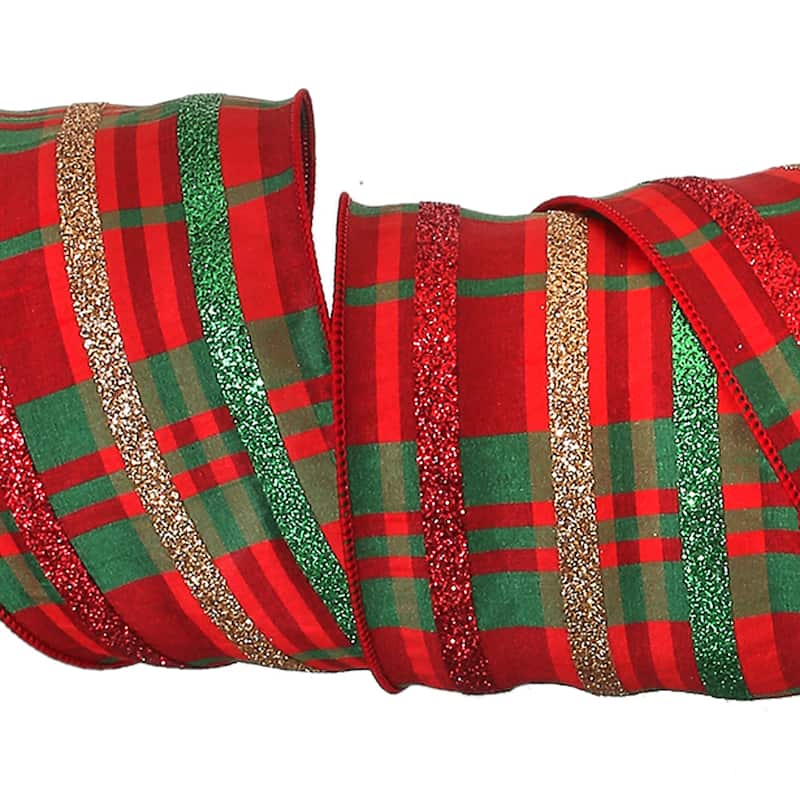 4"X10y Glitter Striped Plaid Wired Ribbon - 4" x 10 Yards