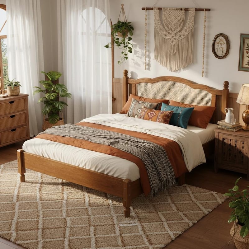 Vintage Rattan-Panel Platform Bed by Harper&Bright Designs - Walnut - Queen