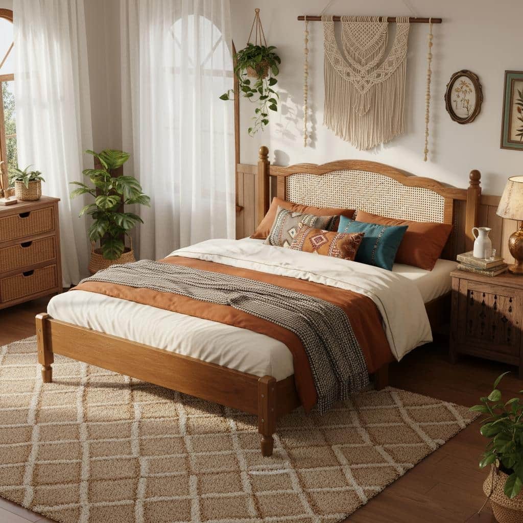 Vintage Rattan-Panel Platform Bed by Harper&Bright Designs