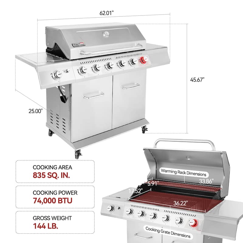 Royal Gourmet Stainless Steel 6-Burner Grill with Sear&Side Burner