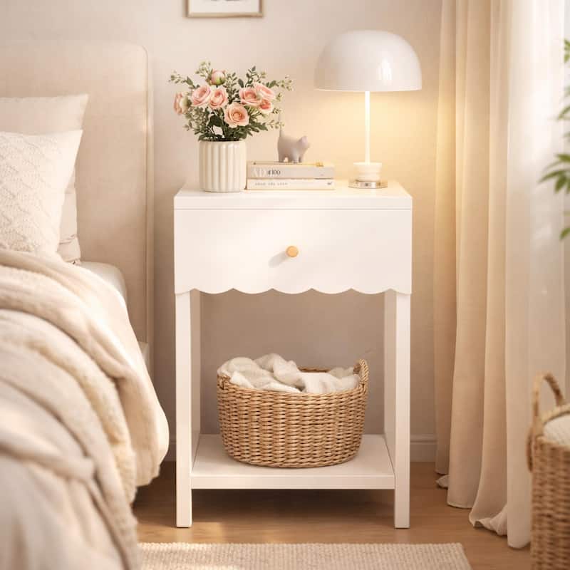 Anmytek Scalloped Edge Bedside Table Modern Storage Nightstand with Drawer Open Shelf - White - 1-drawer