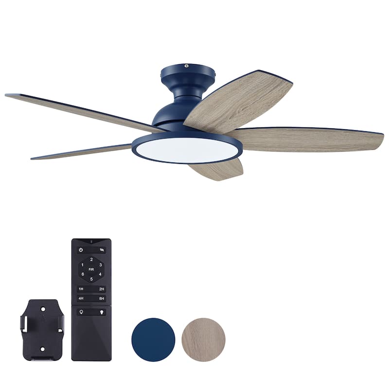 5 - Blade Low Profile Flush Mount Modern Ceiling Fan with LED Light and Remote