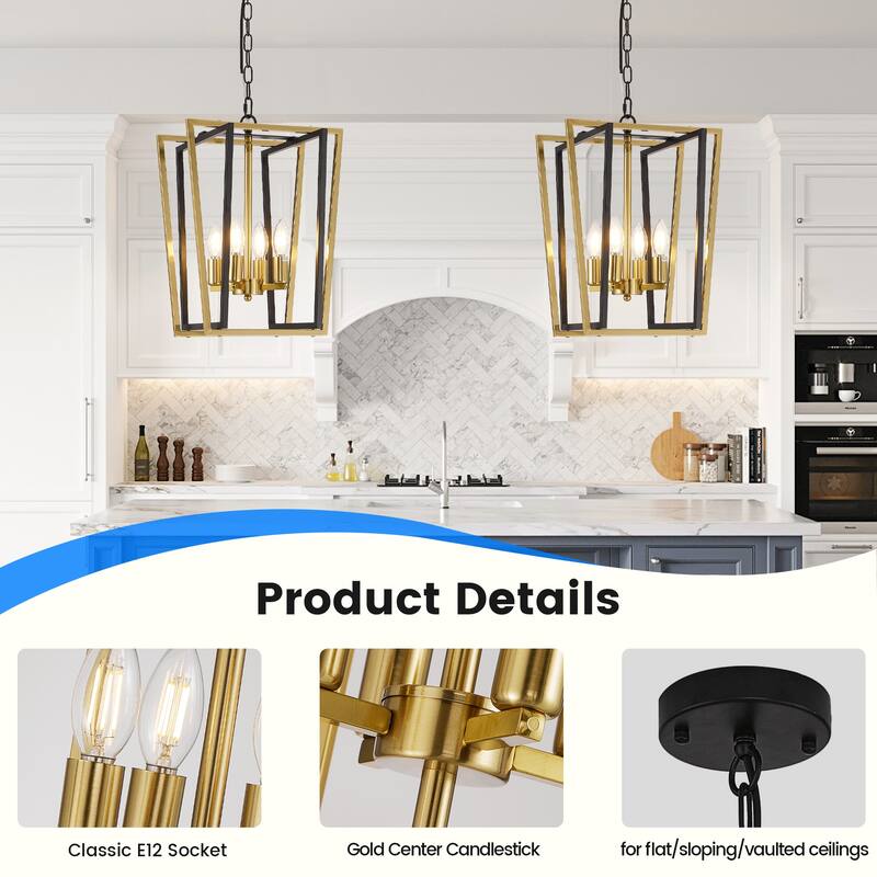 12-Inch Modern Chandelier, 4 Light Lantern Chandeliers Geometric Square Dining Room Lighting Fixtures for Kitchen Islands - N/A
