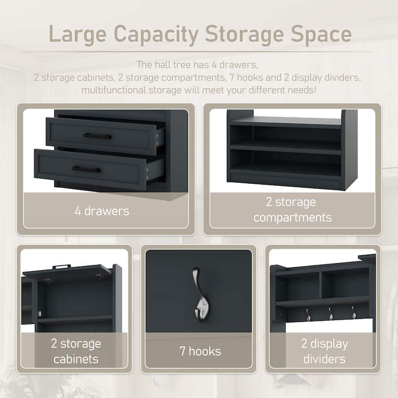 4-in-1 Detachable Coat Rack with Storage Drawers,7 Hooks and Cabinet
