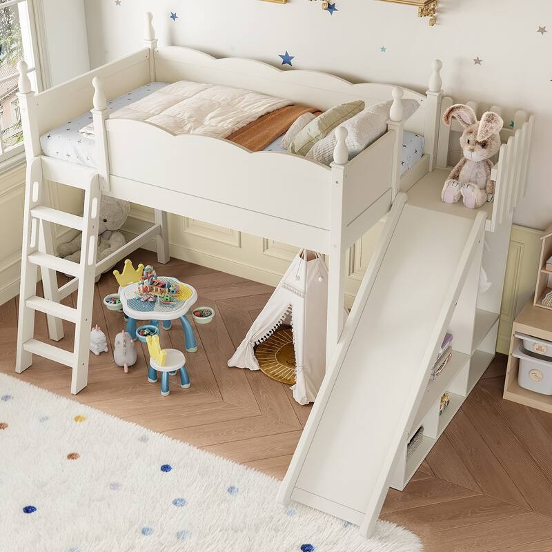 Twin Loft Bed with Storage Shelves and Wardrobe, Solid Wood Loft Beds with Detachable Slide and Ladders, No Spring Box Needed