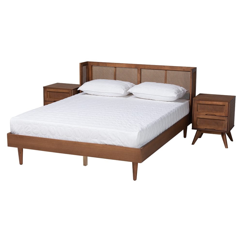 Rina Mid-Century Modern Ash Walnut Finished Wood 3-Piece/ 4-Piece Bedroom Set with Synthetic Rattan(Multiple Bed Sizes)