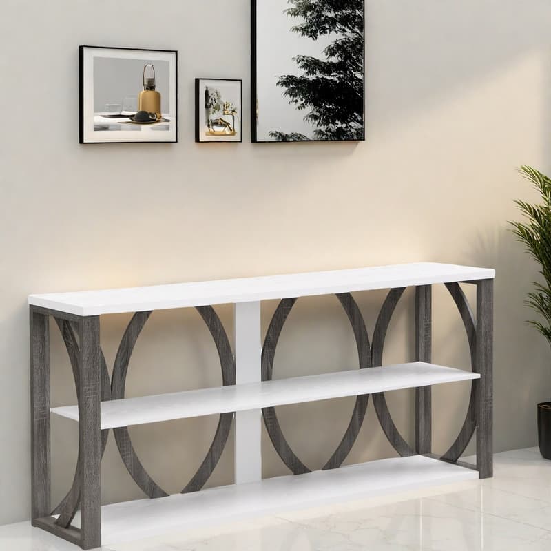 70.87" MDF Round Frame 3-Tier Console Table With Spacious Shelves For Living Room - White+gray