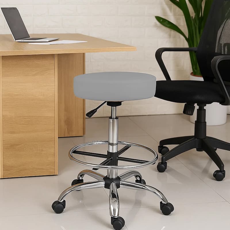 Fea Medical Drafting Stool, Round Gray Vinyl, Chrome Footring