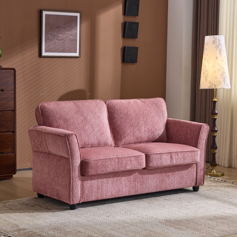 Chenille Loveseat With Floral Arms For Living Room - Pink