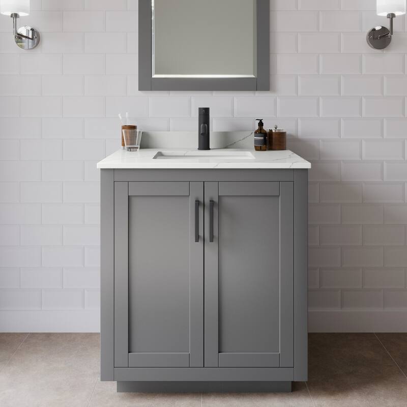Wyndham Collection WCF292930S-QTZ-UNSM24 Miranda 30" Free Standing - Dark Gray / Giotto Quartz Top / Matte Black