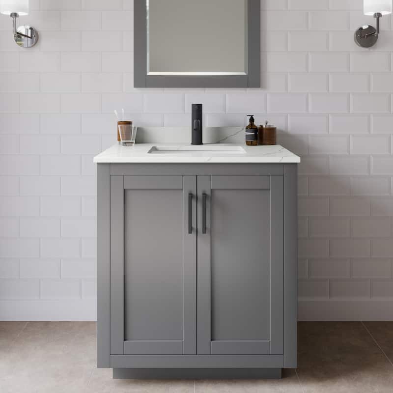 Wyndham Collection WCF292930S-QTZ-UNSMXX Miranda 30" Free Standing - Dark Gray / Giotto Quartz Top / Matte Black