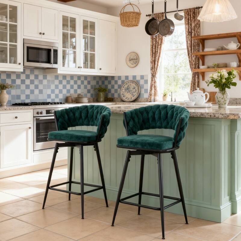 Swivel Bar Stools Set of 2, Modern Barstools with Backs, Upholstered Cotton Linen High Chairs for Island Kitchen - Antique Green