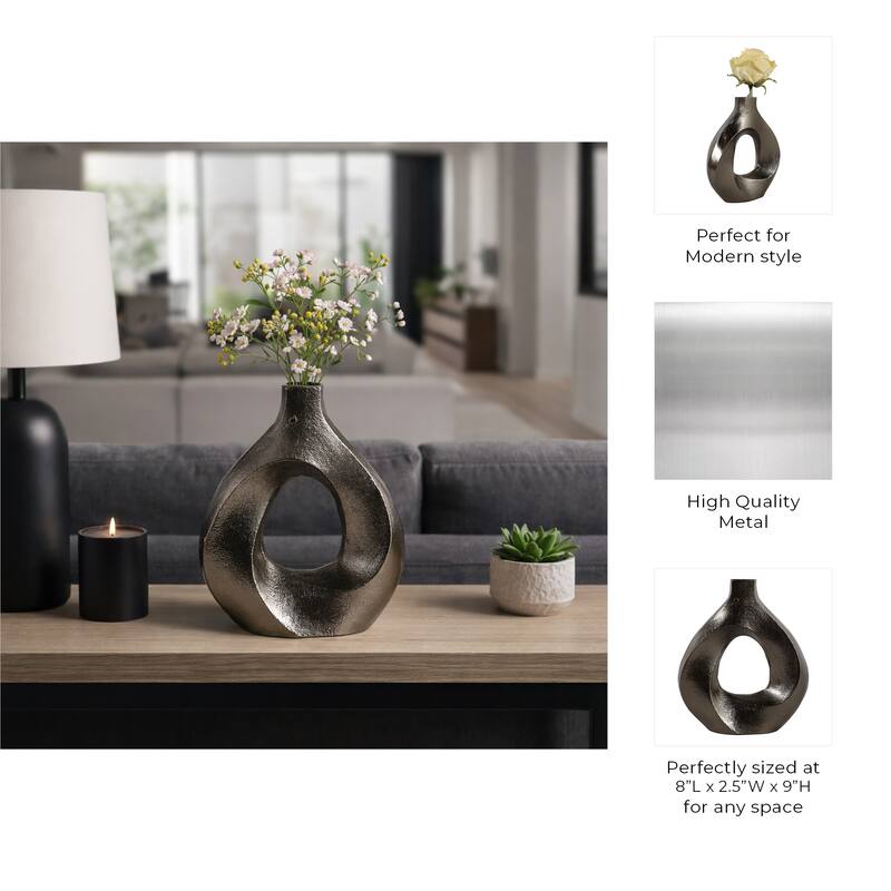 Artistic Metal Swirl Vase with Cut Out Center - Sculptural Flower Vase