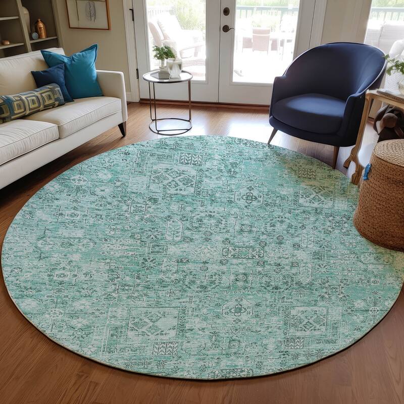 Machine Washable Indoor/ Outdoor Chantille Traditional Vintage Rug - Teal - 8' x 8'